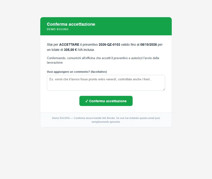The online estimate approval page, as the customer sees it