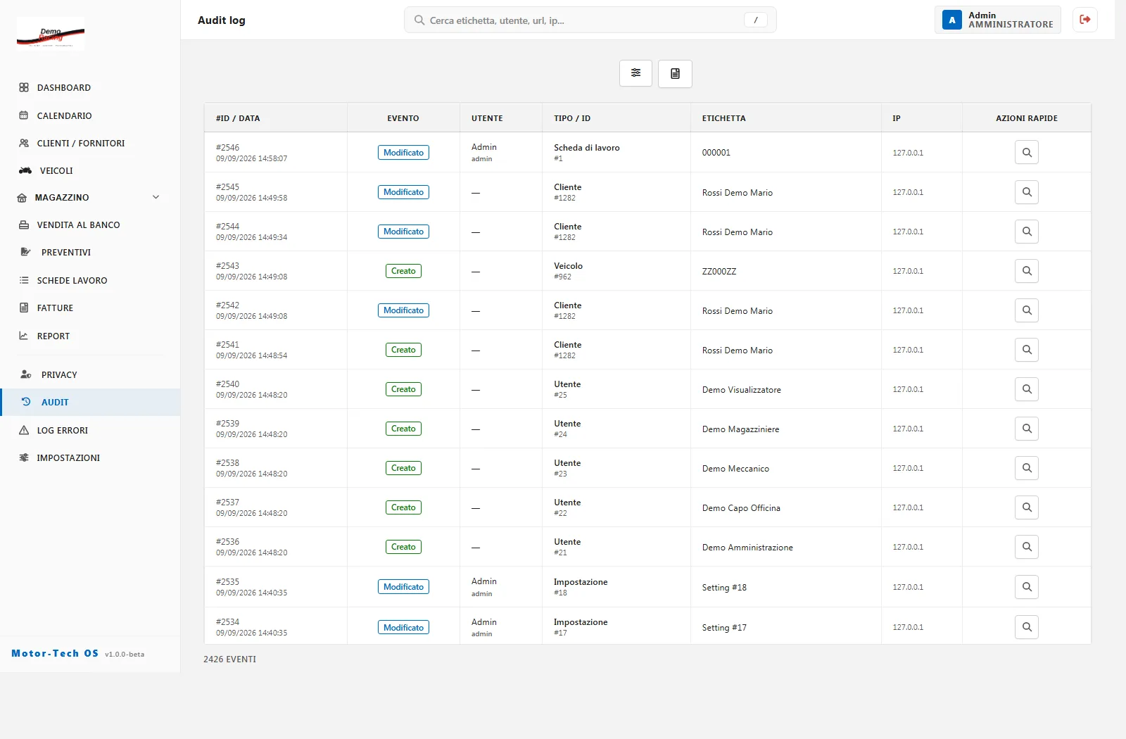 The activity log, showing a history of user actions