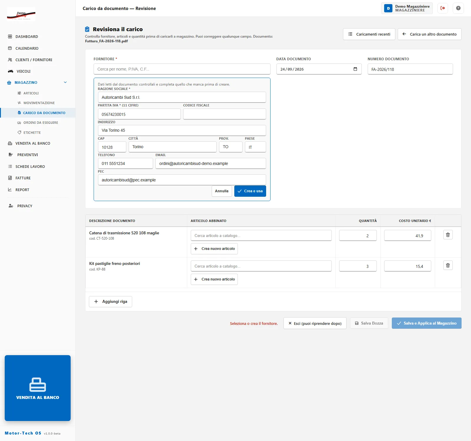 Reviewing a stock delivery that was read automatically from a supplier invoice